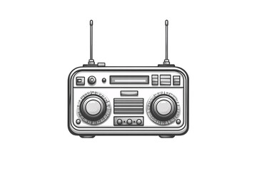 Cartoon radio with shiny knobs, antennas, and dual frequency dials in grayscale stylization, isolated on a transparent background