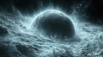 A celestial body amidst a turbulent cosmic sea.