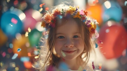 Fototapeta premium A joyful child in a flower crown with balloons and confetti, celebrating International Children's Day with pure happiness