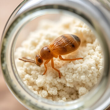 Liposcelis bostrychophila pest in flour. Tiny Trogium pulsatorium (booklouse) in glass jar, soft focus