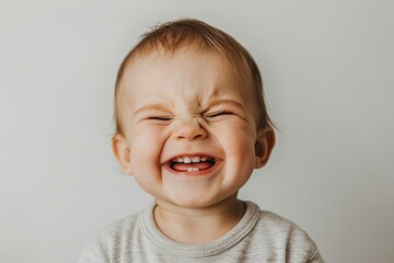 Fototapeta premium Cute, happy baby laughing, isolated on a white background. Close-up portrait of an adorable, smiling little boy with an open mouth and a funny facial expression. Stock photo, with copy space for text 