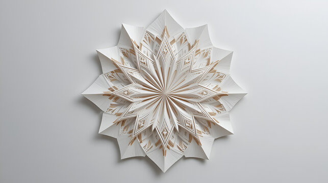A folded paper hyperbolic paraboloid design featuring intricate geometric shapes and textures that merge artistry with mathematical precision against a white backdrop.