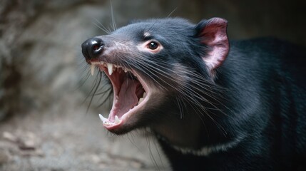 Fototapeta premium Intense Close-up of a Tasmanian Devil Yawning, Showing Sharp Teeth and Whiskers