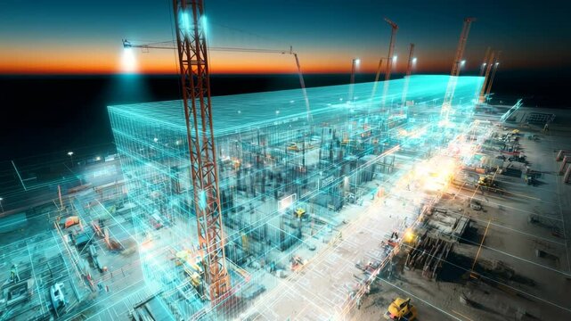 Futuristic aerial view of a building assembling from scaffolding to completion, enhanced with digital effects, holographic elements, cinematic lighting, and realistic textures