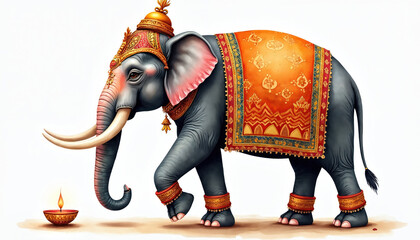 Watercolor illustration Indian elephant decorated for Diwali. Majestic, traditional, isolated on white background. Featuring vibrant colours, intricate detail, cultural symbolism. Festive mood.