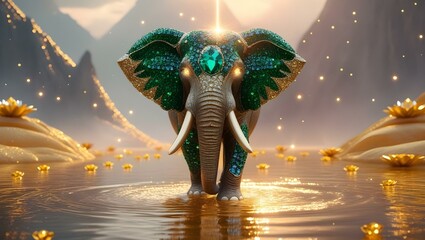 Mystical Emerald Elephant Walking on Golden Water with Lotus Flowers 