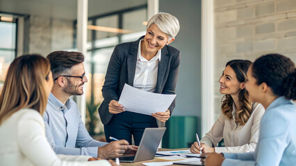 A smiling businesswoman and businessman are part of a working team in an office meeting, collaborating on a laptop