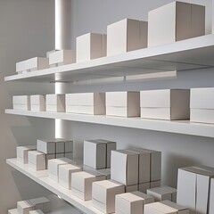 Obraz premium boxes mockup products in a white shelf
