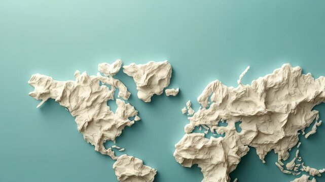 Abstract world map crafted in textured material, featuring Europe and North America against a cool blue background, showcasing geography