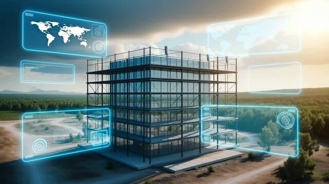 Futuristic aerial view of a building assembling from scaffolding to completion, enhanced with digital effects, holographic elements, cinematic lighting, and realistic textures