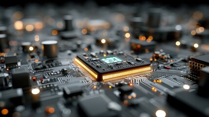 Intricate 3d rendering of a quantum computer circuit board featuring illuminated elements in a futuristic style