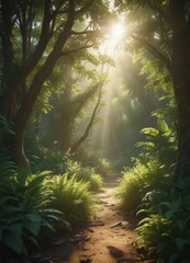 Sunlight streams through dense foliage, creating ethereal glow ,  landscape,  outdoor