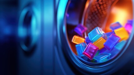 Colorful laundry pods swirling in a washing machine with vibrant blue and orange lighting