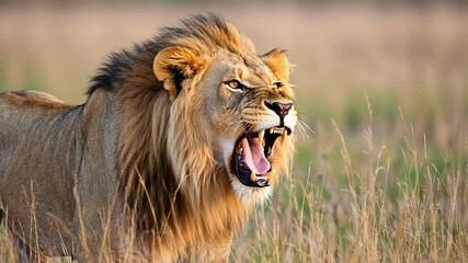 The Roaring Lion: A majestic lion bares its teeth in a powerful roar, commanding respect in the vast grasslands, capturing the raw essence of the animal kingdom and its untamed spirit.