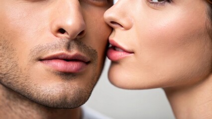 Obraz premium Close-up of a man's and woman's faces, with the woman whispering to the man, conveying intimacy and connection.