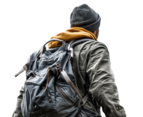 Young caucasian male in casual outdoor attire with backpack and beanie, looking away, cut out