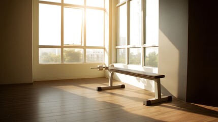 Fototapeta premium A solitary weight bench in a gym corner, bathed in natural light. Minimalism and focus in modern fitness