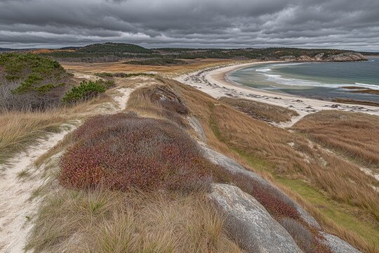 Coastal landscape with a sandy beach, dunes, and a rocky outcrop  Overlooking a curving shoreline with waves gently lapping on the shore  A mix of fall foliage colors and grasses  Cloudy sky - Powered by Adobe