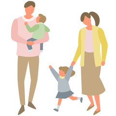 歩く子供連れのファミリー