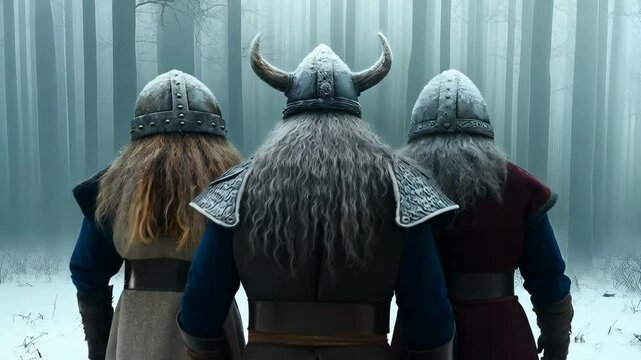 Three warriors in horned helmets stand in a snowy forest, facing forward, backs to camera, concept of ancient times