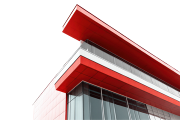 Modern red architectural facade with geometric design elements, cut out