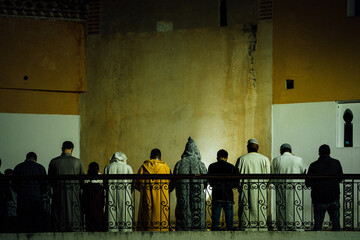 Row of Muslim Men Praying at Grand Mosque, Chefchaouen Morocco