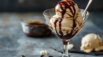 A delicious serving of ice cream in a stylish glass, with rich sauce poured on top. Perfect for summer treats and dessert presentations