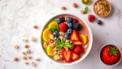 Vibrant and colorful smoothie bowl topped with fresh fruits and nuts for healthy breakfast
