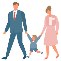 正装して歩く子供連れのファミリー