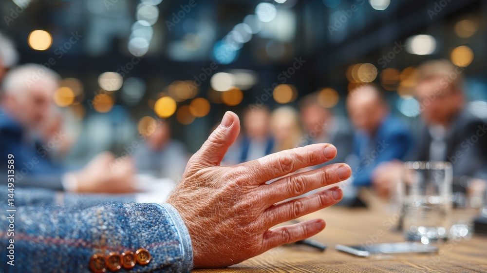 Poster business meeting hand resting on table illustrating active participation in a collaborative work env