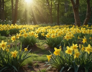 Fototapeta premium Sunlit daffodils burst forth in a vibrant yellow, their petals unfurling against a backdrop of lush green , sunshine, macro, landscape