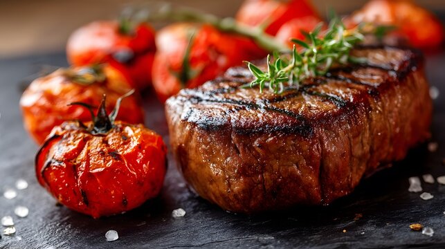 Juicy grilled beef steak with roasted tomato garnish, a savory feast for the senses