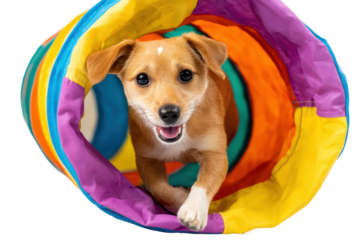 Playful brown puppy navigating colorful tunnel with joyful expression, cut out