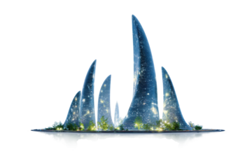 Futuristic skyline with illuminated tower structures and green spaces, cut out