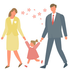 正装して歩く子供連れのファミリー