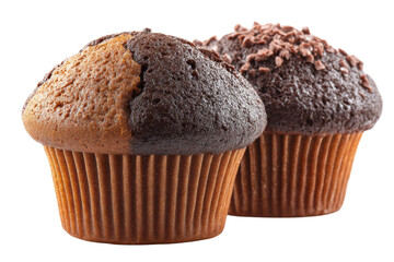 Delicious chocolate and vanilla muffins with cocoa topping, cut out