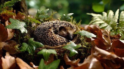 Fototapeta premium Adorable hedgehog curled up snugly in a of soft leaves and natural surroundings