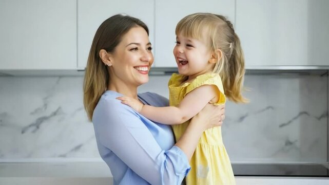 Joyful bond of mother and daughter: A tender moment between a mother and her giggling daughter, radiating with love and happiness in a warm and inviting home setting.