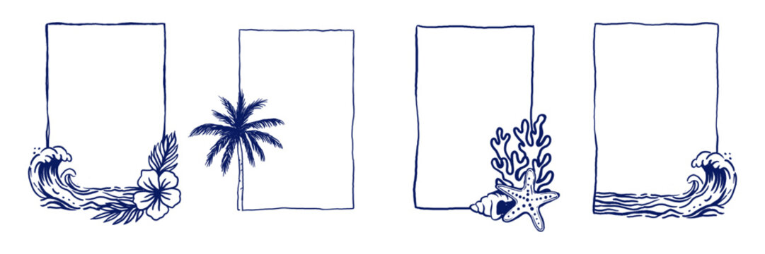 Set  vertical frames in a linear ocean style. The decorations include palm trees, tropical flowers, a wave, seashells, coral, and a girl under a sun umbrella. The set is perfect for story templates