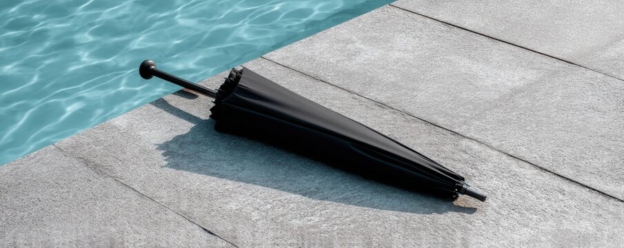 A single, overturned umbrella near a pool of water - leisure tranquility protection overturned