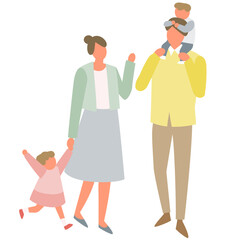 歩く子供連れのファミリー