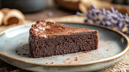 A piece of chocolate cake is on a plate. Close-up of a piece of chocolate cake with a blurred background behind