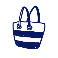Hand-drawn illustration of a striped beach bag with rope handles in navy blue. Simple summer-themed sketch, great for vacation designs, travel prints, and packaging decoration
