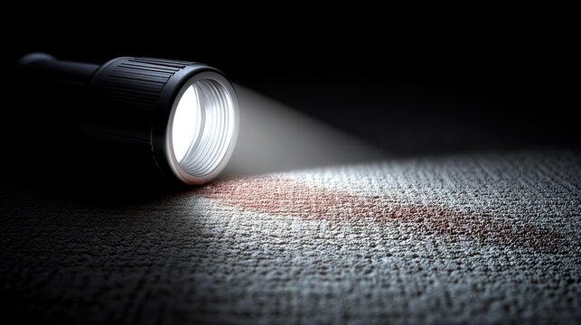 A close-up of a bloodstain on a carpet, illuminated by a single spotlight, stark details visible against the dark background - close-up brutal detective