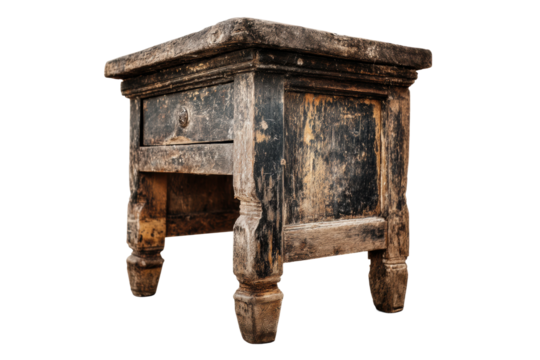 Weathered vintage wooden table with rustic charm on black background, cut out