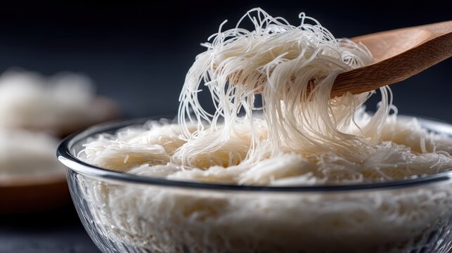 Vietnamese rice vermicelli preparation in clear glass pot for bn tht nng dish