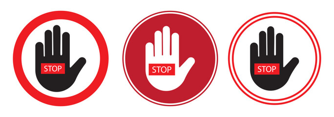 Stop sign set. Stop icon isolated on white background. Vector illustration. Stop hand sign with text. Red stop sign.