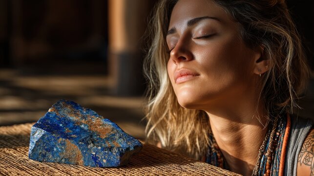 Meditation and raw lapis lazuli gemstone on rattan in minimalistic setting