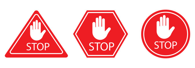 Stop sign set. Stop icon isolated on white background. Vector illustration. Stop hand sign with text. Red stop sign.