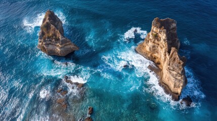 Aerial view of rocky outcroppings in a vibrant ocean landscape